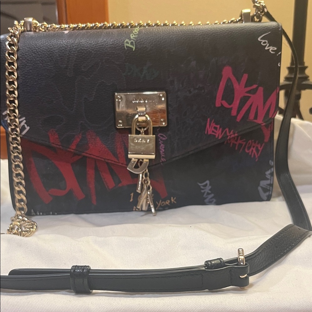 DKNY Black and Red graffiti shoulder bag with Chain Strap